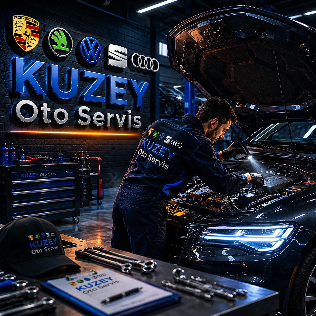 Kuzey Oto Servis teknisyeni Porsche araca müdahale ederken